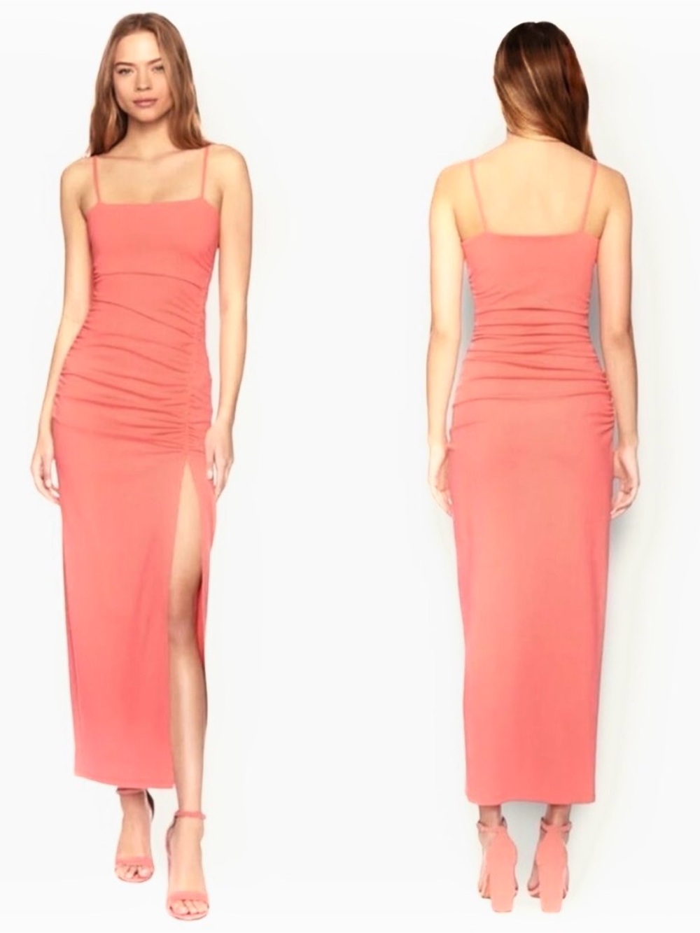Susana Monaco Thin Strap Ruched Side Leg Slit Peach Dress Maxi Size XS NWT